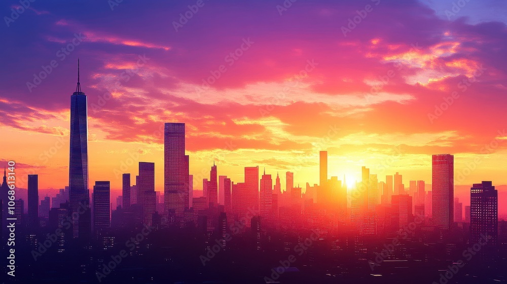 Stunning sunset over the city skyline, featuring tall buildings silhouetted against vibrant purple and orange hues. Stunning sunset over the city skyline, featuring tall buildings silhouetted against vibrant purple and orange hues.