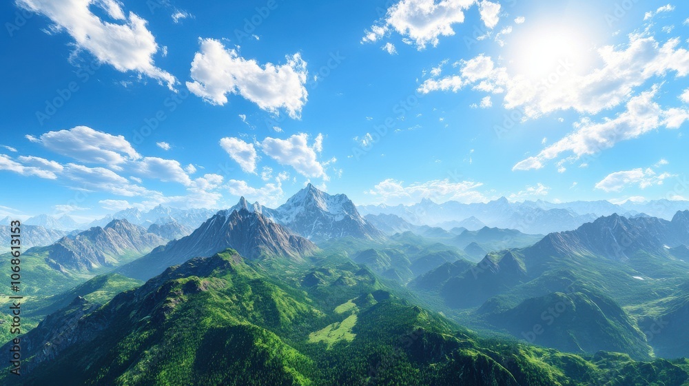Fototapeta premium A breathtaking mountain landscape reveals lush greenery and majestic peaks under a vibrant blue sky.