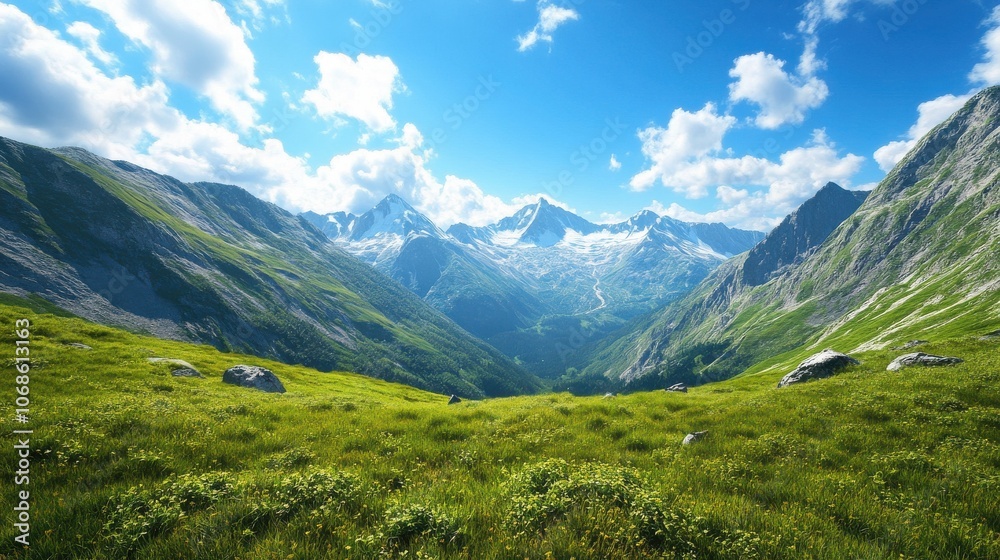 Breathtaking view of snow-capped mountains and lush green valleys under a vibrant blue sky. Breathtaking view of snow-capped mountains and lush green valleys under a vibrant blue sky.
