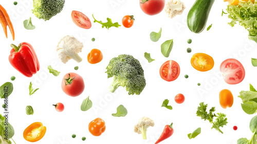 Many very fresh raw vegetables and fruits are falling together. Delicious and healthy ingredients for salad and cooking. transparent background