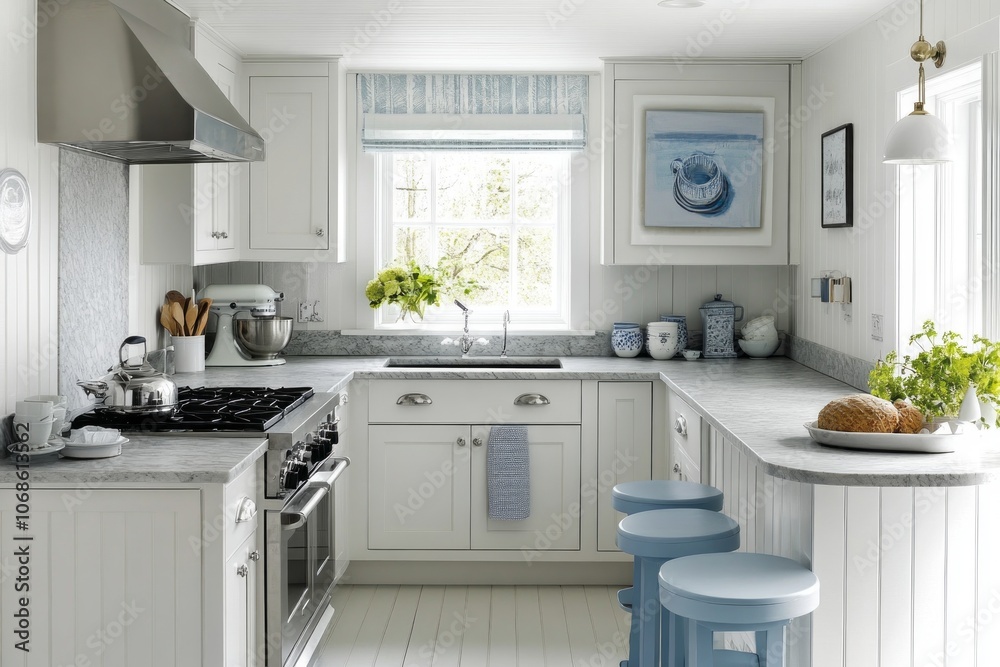 Modern White Kitchen with U-Shaped Countertop and Blue Stools Modern White Kitchen with U-Shaped Countertop and Blue Stools