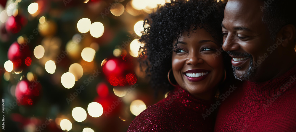 African American couple with natural hair, smiling in front of a Christmas tree decorated with red and gold ornaments. wearing a vibrant burgundy or red sweaters. African American couple with natural hair, smiling in front of a Christmas tree decorated with red and gold ornaments. wearing a vibrant burgundy or red sweaters.