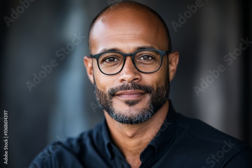 A man with glasses smiles confidently, embodying wisdom, assurance, and a professional demeanor, captured in a modern and stylish portrait format. photo