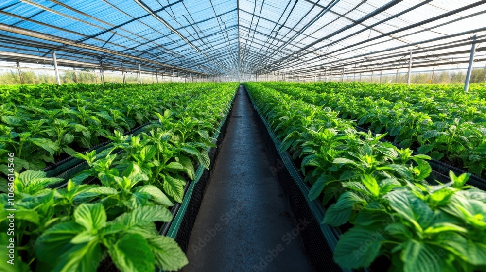 High Tech Greenhouse Interior with Lush Vegetation Cultivation for Sustainable Agriculture and Ecological Research High Tech Greenhouse Interior with Lush Vegetation Cultivation for Sustainable Agriculture and Ecological Research