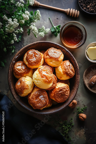 bowl filled with popovers, accompanied by honey or butter on the side. for traditional Hanukkah family dinner . This image appears to be a work of food photography. photo