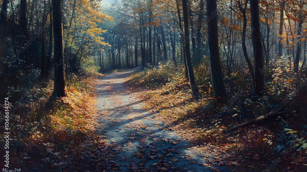 Fototapeta premium A winding path through a forest with golden leaves and sunlight streaming through the trees.