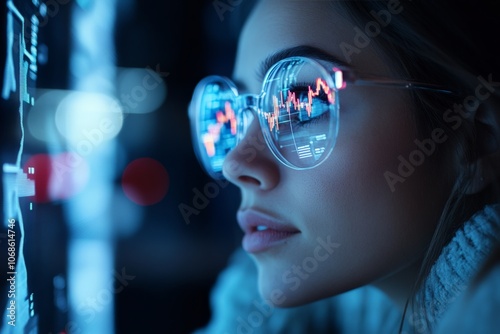 A woman with stylish glasses intently observes digital data and graphs reflected on her lenses, signifying modern technology and focused concentration.