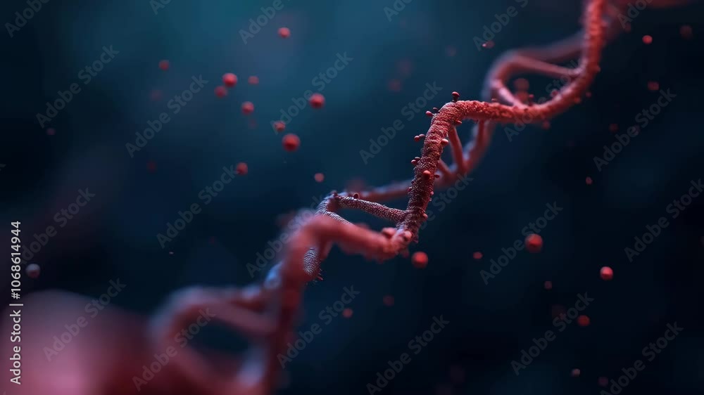 Abstract red structure of DNA molecule on dark blue background. DNA double helix structure, human genome. Science and biotechnology. Medical research, genetic concept Abstract red structure of DNA molecule on dark blue background. DNA double helix structure, human genome. Science and biotechnology. Medical research, genetic concept