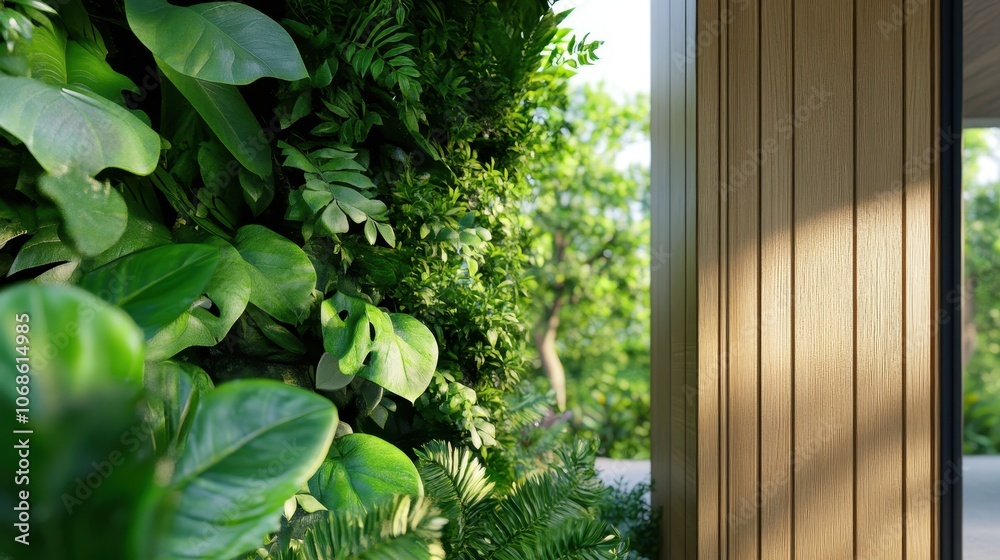 Lush vibrant green foliage and vegetation in a tranquil serene tropical garden outdoor scene with a wooden door or entrance Peaceful calming natural backdrop for design Lush vibrant green foliage and vegetation in a tranquil serene tropical garden outdoor scene with a wooden door or entrance Peaceful calming natural backdrop for design