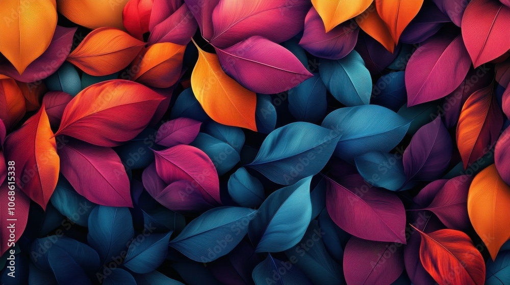 Vibrant leaves in shades of purple, orange, and blue create a colorful, artistic backdrop. Vibrant leaves in shades of purple, orange, and blue create a colorful, artistic backdrop.