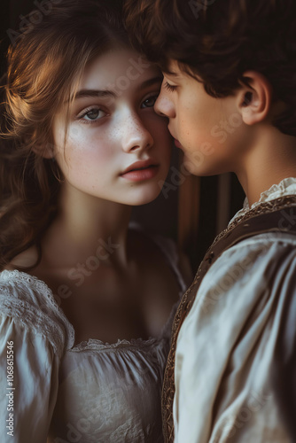  closeup photo of Romeo and Juliet. A young princess, dressed in elegant medieval attire, stands on the Verona medieval castle balcony, with a young prince gazes at her .