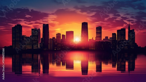 Vibrant city skyline at sunset reflecting on water, showcasing beautiful hues of orange, pink, and purple.