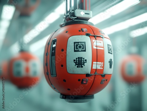 Autonomous flying cargo capsules with adaptive camouflage surfaces navigating a vast and striking industrial landscape