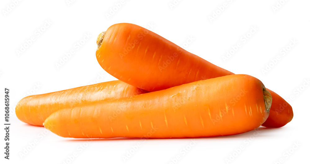 Side view of fresh orange carrot roots in stack isolated on white background with clipping path Side view of fresh orange carrot roots in stack isolated on white background with clipping path