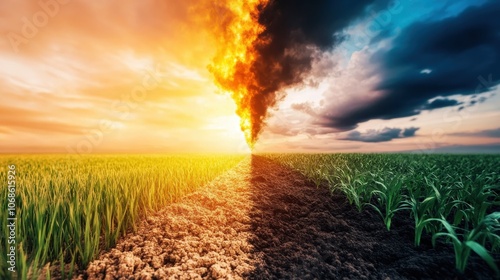 Powerful tornado raging over a sprawling crop field unleashing a furious display of nature s raw power against the backdrop of a dramatic fiery sunset sky photo