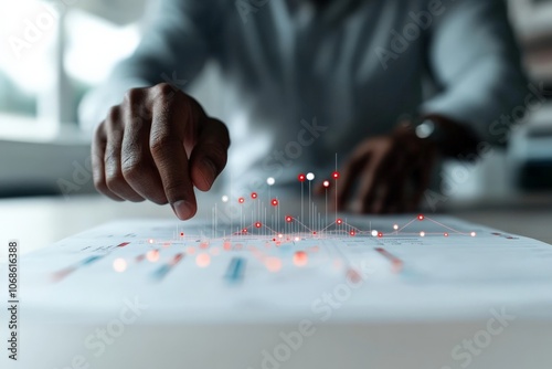 A person interacts with a glowing, augmented reality data visualization over a printed document, symbolizing advanced analytics and technology integration. photo