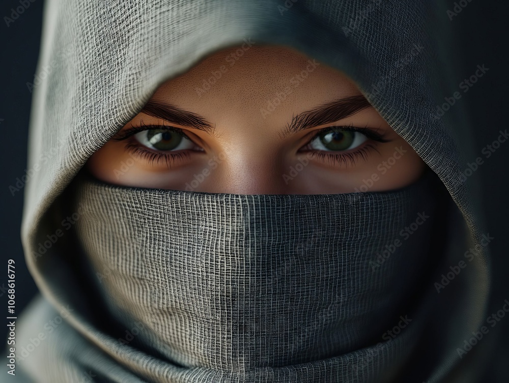 A woman wearing a gray veil covering her face A woman wearing a gray veil covering her face
