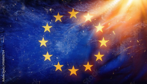 Weathered European Union Flag in Sunlight. Grunge Texture Symbolizing Unity, Resilience, and Endurance of the EU in Face of Adversity. Ideal for Political, Economic, and Historical Concepts