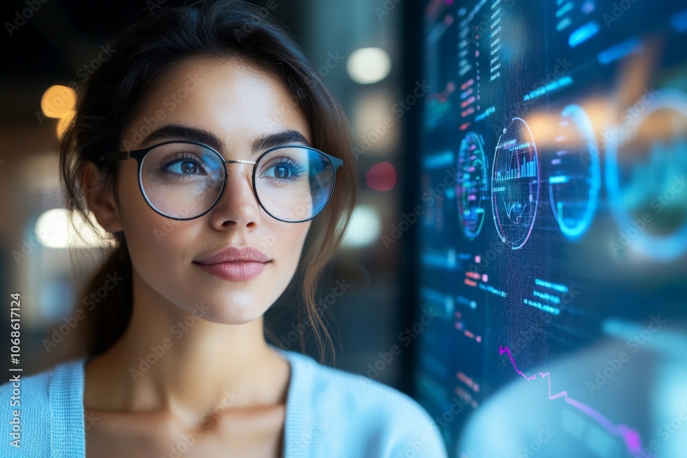 A confident woman with glasses thoughtfully analyzes a digital display of financial graphs, embodying intellect and empowerment in a technological business environment. A confident woman with glasses thoughtfully analyzes a digital display of financial graphs, embodying intellect and empowerment in a technological business environment.