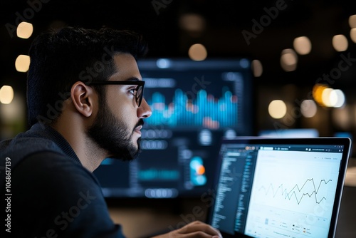 A determined individual is deeply focused on analyzing and interpreting a series of complex graphs on a computer screen, illuminated by surrounding digital displays.