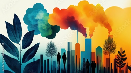 Vibrant and dynamic cityscape with tall modern skyscrapers and office buildings silhouetted against a dramatic colorful sunset sky filled with clouds smoke and natural elements photo