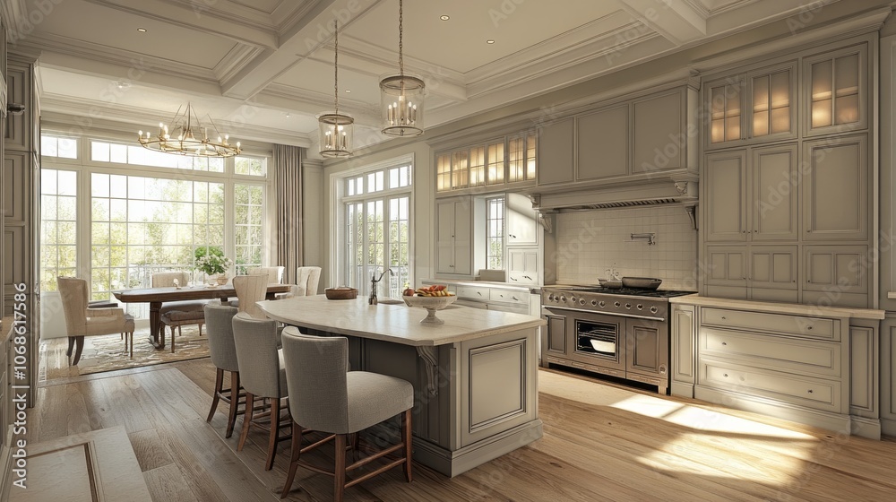 Modern Kitchen with White Cabinets, Wood Floors, and a Large Island Modern Kitchen with White Cabinets, Wood Floors, and a Large Island