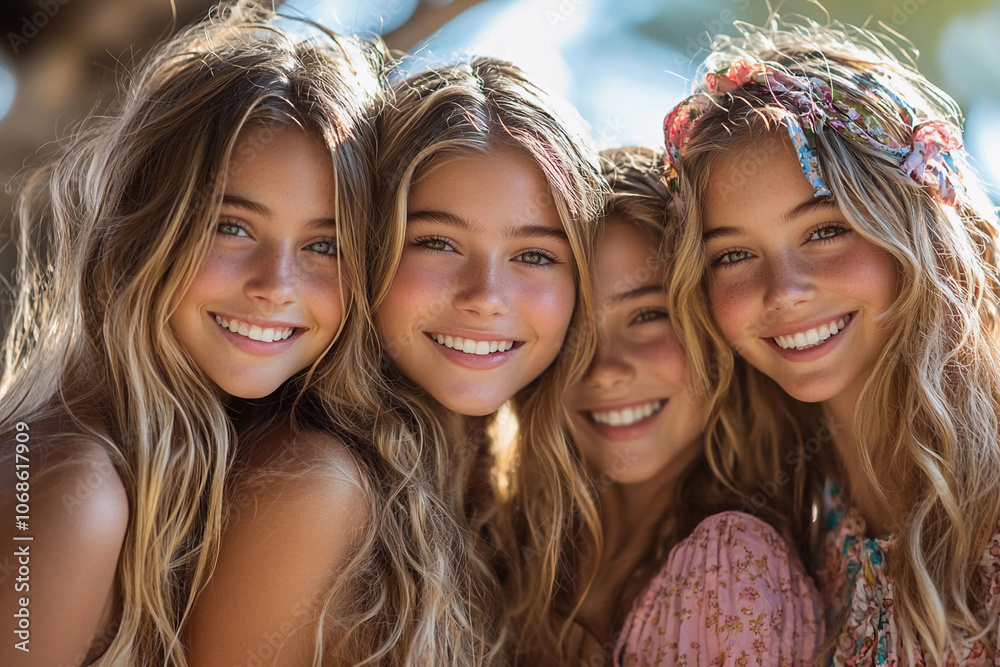 Group of four young women enjoying a sunny day outdoors together Group of four young women enjoying a sunny day outdoors together