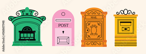 Mailboxes, Postal vintage letterboxes in various colors set. Different postboxes, mail. Postal service and communication concept. Hand drawn modern vector illustration isolated on background 