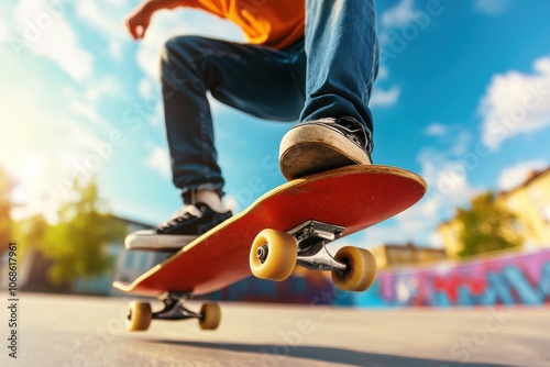 A skateboarder performs a trick in a vibrant outdoor skate park, capturing a dynamic moment against a sunny sky.