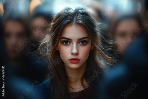 Young woman captivates the crowd in a busy urban setting at twilight