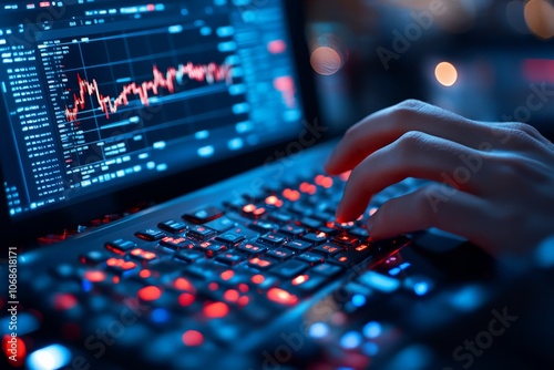 A close-up of hands typing on a keyboard with financial market trends on the screen, reflecting the concepts of stock trading and economic analysis.