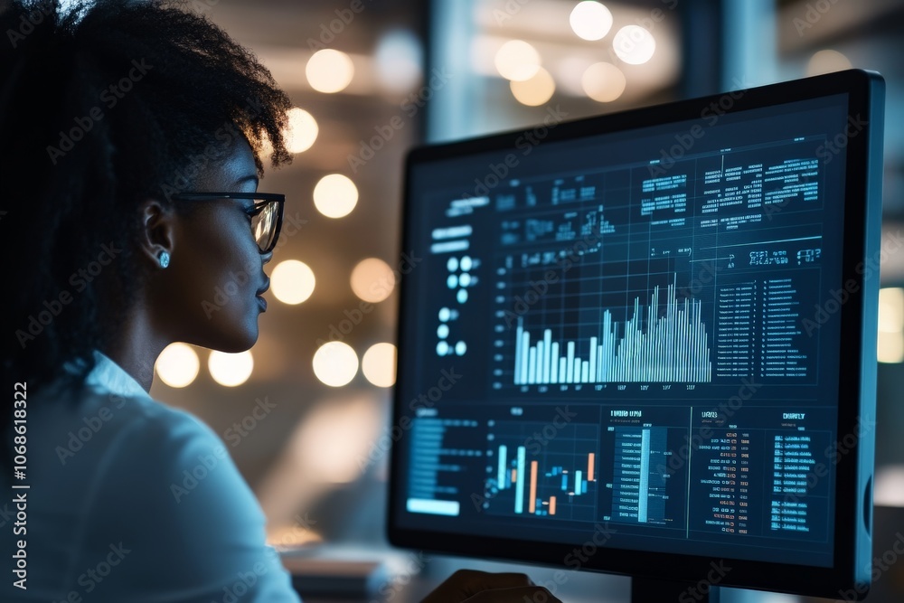 A focused woman works intently on a computer displaying data charts, embodying dedication, critical thinking, and technological engagement within a modern office. A focused woman works intently on a computer displaying data charts, embodying dedication, critical thinking, and technological engagement within a modern office.