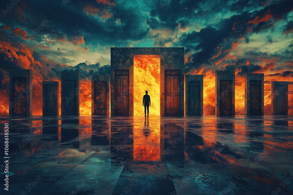 Obraz premium A person stands before fiery doors under a dramatic sky at dusk