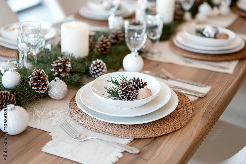 A beautifully arranged holiday dining table, featuring white dishes, silver cutlery, and natural pinecone decorations, embodying elegance and festive charm. A beautifully arranged holiday dining table, featuring white dishes, silver cutlery, and natural pinecone decorations, embodying elegance and festive charm.