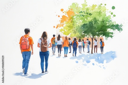 A vibrant watercolor illustration depicts a group of students in orange shirts walking towards a lush green tree, conveying a sense of togetherness and exploration.