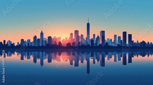 A stunning city skyline at sunset, reflecting beautifully on the calm water below.