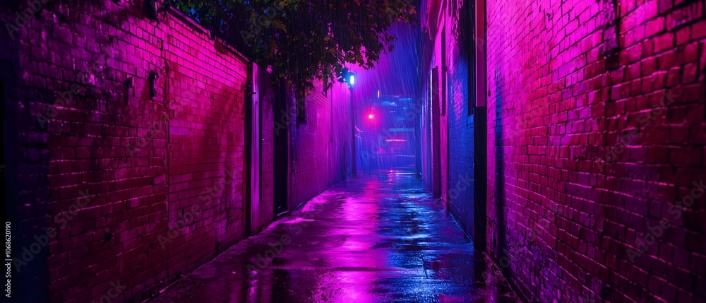 A dark alley lit with vibrant pink and blue neon lights. A dark alley lit with vibrant pink and blue neon lights.