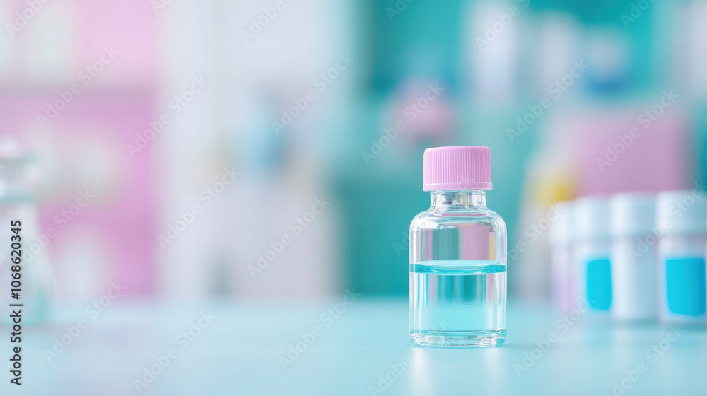 A clear glass vial filled with liquid and a pink cap, set against a soft, pastel-colored background, suggesting a pharmacy or medical setting. A clear glass vial filled with liquid and a pink cap, set against a soft, pastel-colored background, suggesting a pharmacy or medical setting.