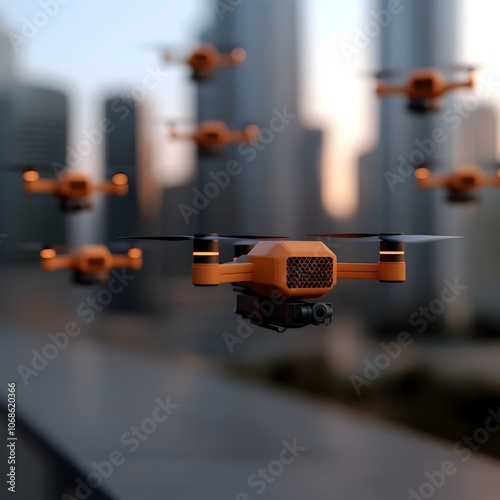 Cargo drones swarming over a towering futuristic arcology utilizing modular and adaptive payloads to enable an efficient and autonomous urban logistics network photo