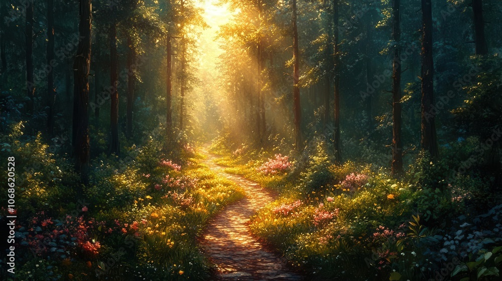 Obraz premium lush forest painting depicting a winding path through sunlight-dappled trees, alive with vibrant flora and a sense of adventure, invoking feelings of serenity and wonder