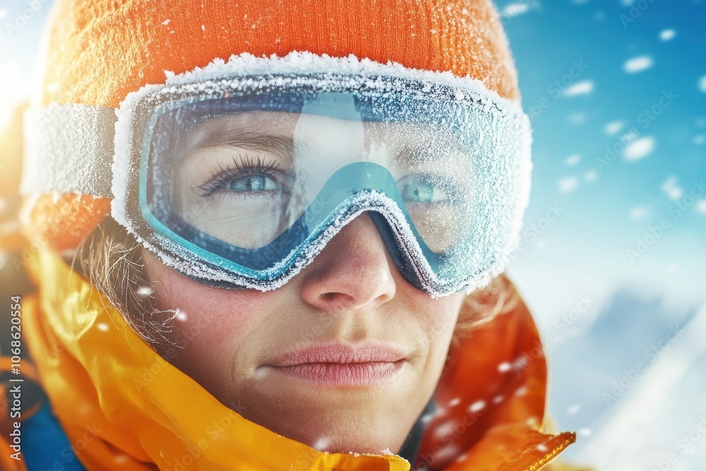 A focused woman with frosted goggles and a vibrant orange hat stands in a snowy landscape, embodying the spirit of winter adventure and resilience. A focused woman with frosted goggles and a vibrant orange hat stands in a snowy landscape, embodying the spirit of winter adventure and resilience.