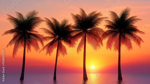 Silhouetted palm trees against a vibrant sunset over the ocean, creating a serene tropical atmosphere.