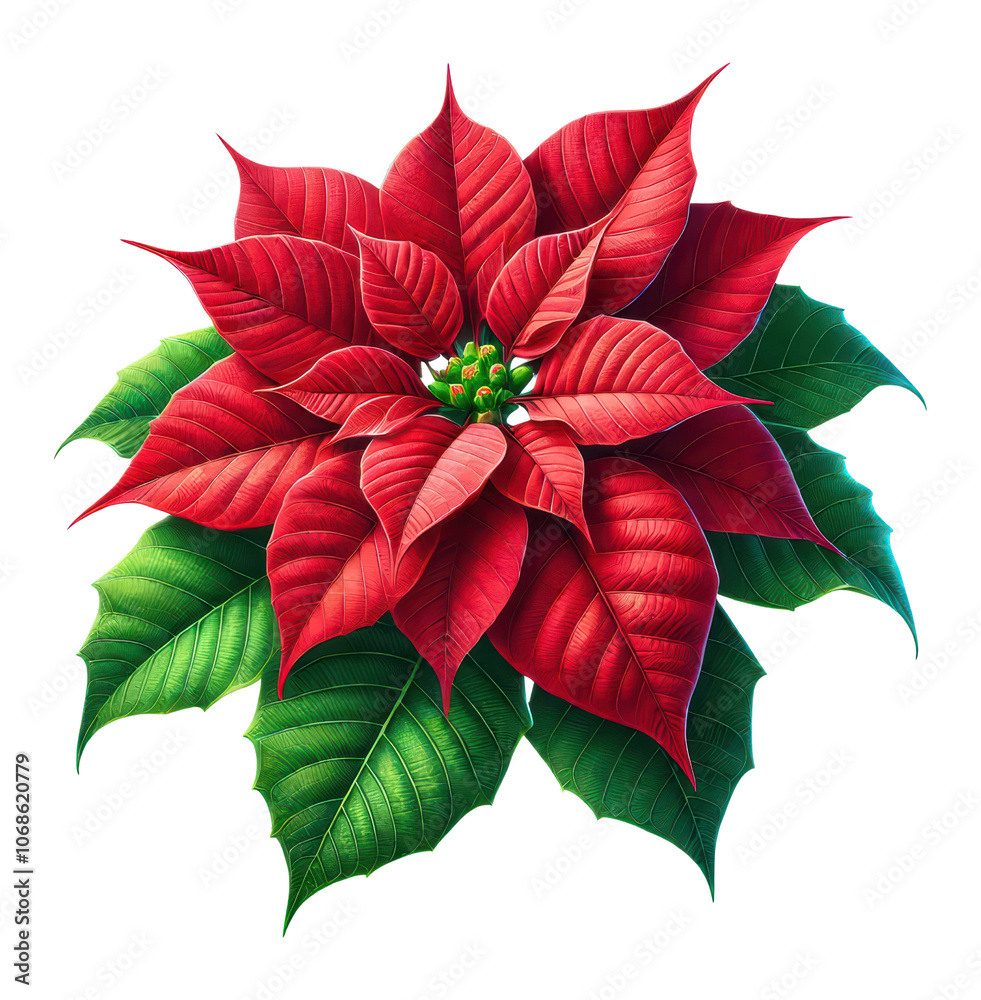 Poinsettia flower with bright red petals and lush green leaves. Poinsettia flower with bright red petals and lush green leaves.