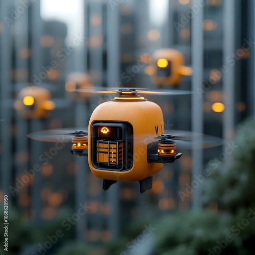 Cargo drones swarming over a towering futuristic arcology with adaptive modular payloads autonomous sortation and delivery photo