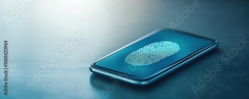 A smartphone displaying a digital fingerprint on its screen, symbolizing biometric security and advanced technology.