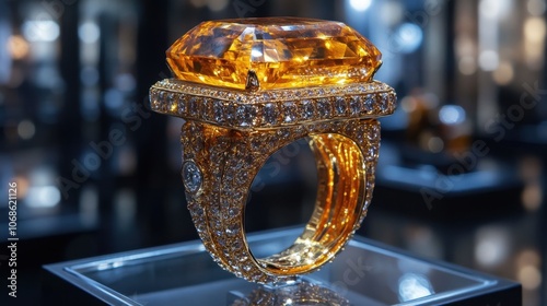 A stunning golden gemstone ring displayed elegantly at an exclusive jewelry exhibition capturing the allure of luxury fashion photo