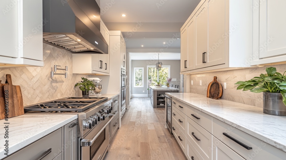 Fototapeta premium Modern Kitchen Interior with White Cabinets and Stainless Steel Appliances