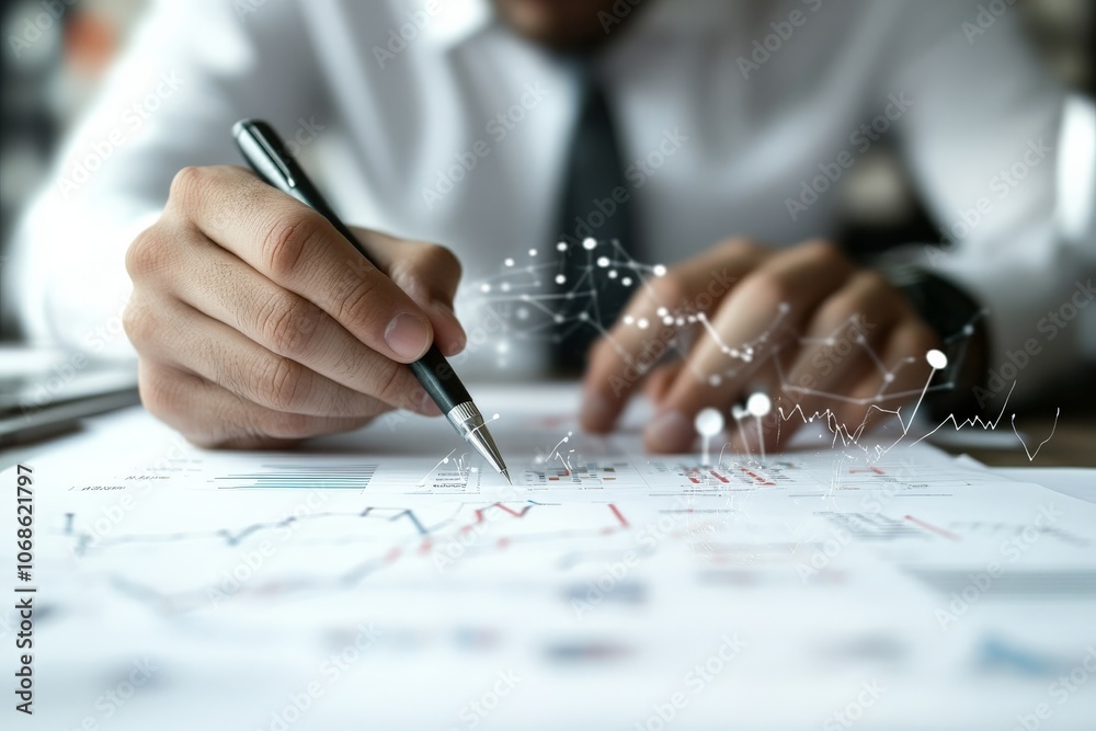 Professional with pen and reports sits at a desk, analyzing business statistics and graphs, representing meticulous study and strategic planning.