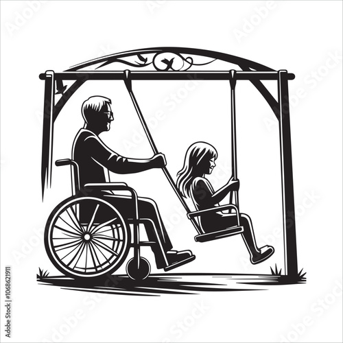 A Father's Love: Man in Wheelchair Pushes Child on a Swing. This monochrome illustration portrays a heartwarming scene of a father in a wheelchair pushing his child on a swing.