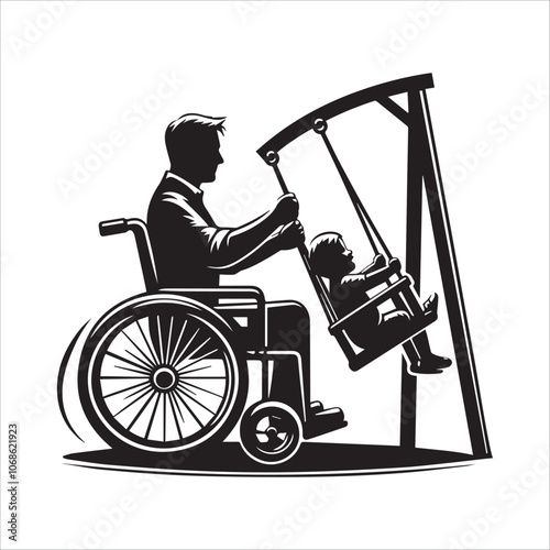 A Father's Love: Man in Wheelchair Pushes Child on a Swing. This monochrome illustration portrays a heartwarming scene of a father in a wheelchair pushing his child on a swing.